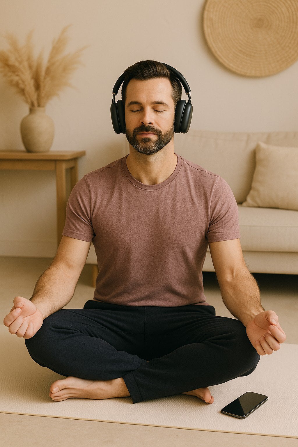 Mies meditoi kuulokkeet päässä